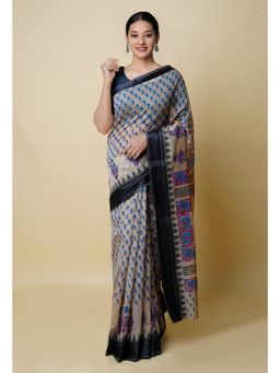 Unnati Silks - Cream & Blue Pure Dyed Printed Chanderi Sico Saree UNM73352 with Unstitched Blouse