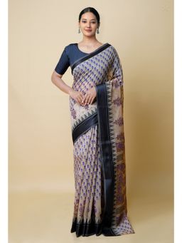Unnati Silks - Cream & Purple Pure Dyed Printed Chanderi Sico Saree UNM73353 with Unstitched Blouse