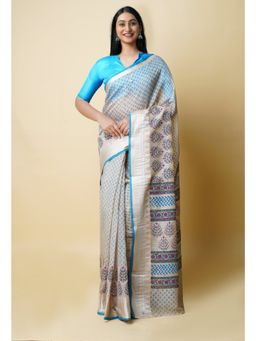 Unnati Silks - Cream & Blue Pure Dyed Printed Chanderi Sico Saree UNM73354 with Unstitched Blouse