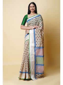 Unnati Silks - Cream & Green Pure Dyed Printed Chanderi Sico Saree UNM73355 with Unstitched Blouse