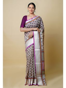 Unnati Silks - Cream & Purple Pure Dyed Printed Chanderi Sico Saree UNM73357 with Unstitched Blouse