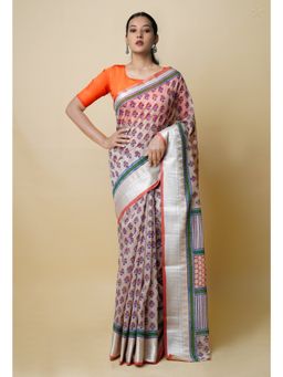 Unnati Silks - Cream & Red Pure Dyed Printed Chanderi Sico Saree UNM73358 with Unstitched Blouse