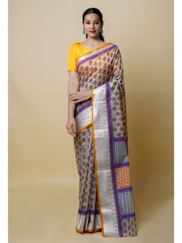 Unnati Silks - Cream & Yellow Pure Dyed Printed Chanderi Sico Saree UNM73359 with Unstitched Blouse