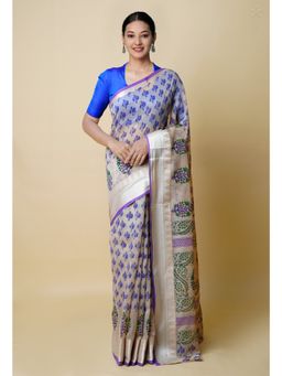 Unnati Silks - Cream Pure Dyed Printed Chanderi Sico Saree UNM73361 with Unstitched Blouse