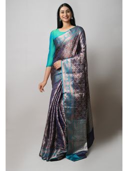 Unnati Silks - Navy Blue Brocade Banarasi Sico Saree UNM73374 with Unstitched Blouse