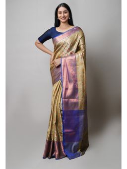 Unnati Silks - Beige Brocade Banarasi Sico Saree UNM73383 with Unstitched Blouse