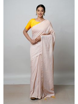 Unnati Silks - Walnut Cream Pure Plain Cotton Linen Tassels Saree UNM72830 with Unstitched Blouse