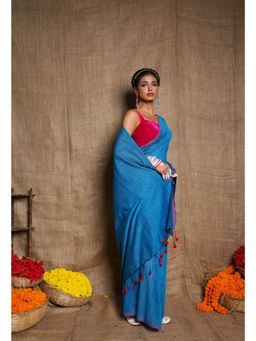 Unnati Silks - Peacock Blue Pure Plain Cotton Linen Tassels Saree UNM72833 with Unstitched Blouse