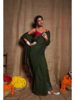Unnati Silks - Olive Green Pure Plain Cotton Linen Saree with Tassels UNM72835 with Unstitched Blouse