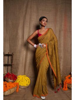 Unnati Silks - Ocher Brown Pure Plain Cotton Linen Saree with Tassels UNM72836 with Unstitched Blouse