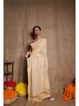 Unnati Silks - Cream Pure Plain Cotton Linen Saree with Tassels UNM72842 with Unstitched Blouse