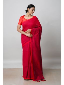 Unnati Silks - Ruby Red Pure Plain Cotton Linen Saree with Tassels UNM72843 with Unstitched Blouse