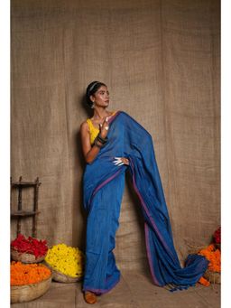 Unnati Silks - Peacock Blue Pure Plain Cotton Linen Tassels Saree UNM72846 with Unstitched Blouse