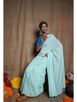 Unnati Silks - Pale Blue Pure Plain Cotton Linen Saree with Tassels UNM72847 with Unstitched Blouse