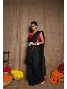 Unnati Silks - Black Pure Plain Cotton Linen Saree with Tassels UNM72848 with Unstitched Blouse