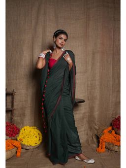 Unnati Silks - Dark Green Pure Plain Cotton Linen Saree with Tassels UNM72849 with Unstitched Blouse