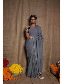Unnati Silks - Grey Pure Plain Cotton Linen Saree with Tassels UNM72850 with Unstitched Blouse