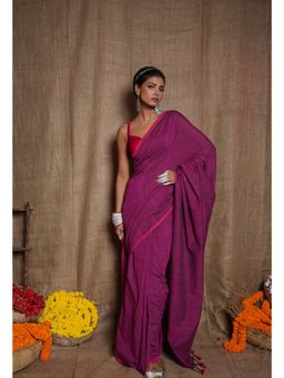 Unnati Silks - Purple Pure Plain Cotton Linen Saree with Tassels UNM72851 with Unstitched Blouse