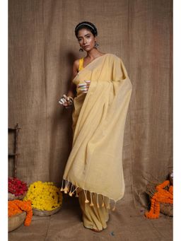 Unnati Silks - Yellow Pure Plain Cotton Linen Saree with Tassels UNM72852 with Unstitched Blouse