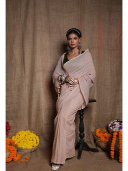 Unnati Silks - Beige Pure Plain Cotton Linen Saree with Tassels UNM72853 with Unstitched Blouse