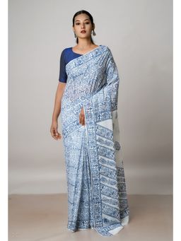 Unnati Silks - White Pure Block Printed Cotton Saree with Kalamkari Unstitched Blouse UNM72905