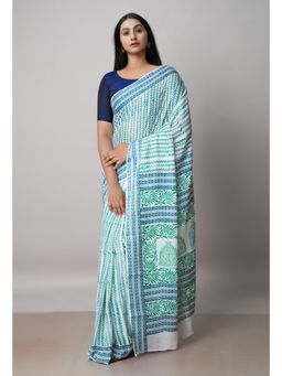 Unnati Silks - White Pure Block Printed Cotton Saree with Kalamkari Unstitched Blouse UNM72912