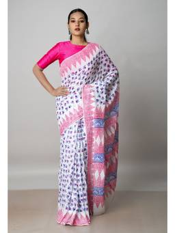 Unnati Silks - White Pure Block Printed Cotton Saree with Kalamkari Unstitched Blouse UNM72913