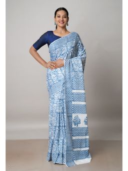 Unnati Silks - White Pure Block Printed Cotton Saree with Kalamkari Unstitched Blouse UNM72915