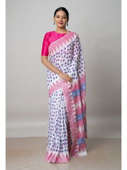 Unnati Silks - White Pure Block Printed Cotton Saree with Kalamkari Unstitched Blouse UNM72919
