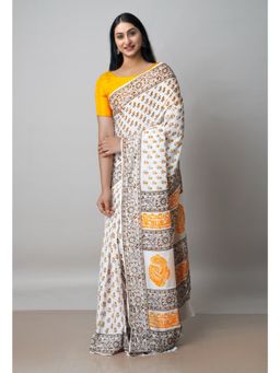 Unnati Silks - White Pure Block Printed Cotton Saree with Kalamkari Unstitched Blouse UNM72922