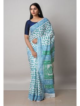 Unnati Silks - White Pure Block Printed Cotton Saree with Kalamkari Unstitched Blouse UNM72925