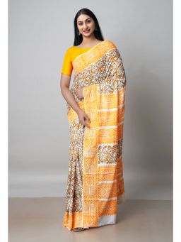 Unnati Silks - White Pure Block Printed Cotton Saree with Kalamkari Unstitched Blouse UNM72927
