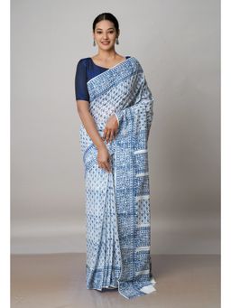Unnati Silks - White Pure Block Printed Cotton Saree with Kalamkari Unstitched Blouse UNM72928