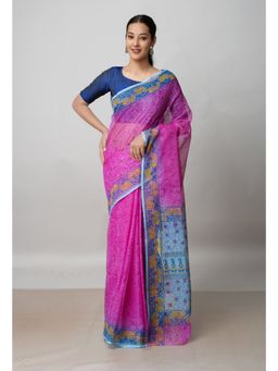 Unnati Silks - Pink Pure Block Printed Kota Saree with Kalamkari Unstitched Blouse UNM72969