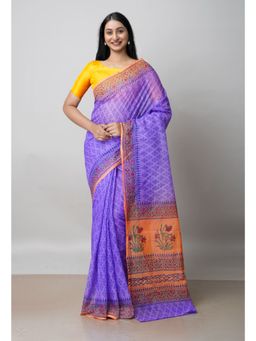 Unnati Silks - Purple Pure Block Printed Kota Saree with Kalamkari Unstitched Blouse UNM72970