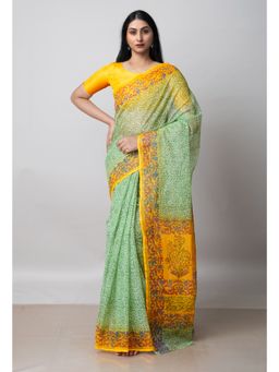 Unnati Silks - Green Pure Block Printed Kota Saree with Kalamkari Unstitched Blouse UNM72972