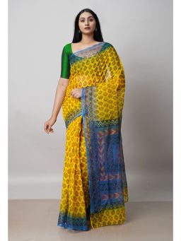 Unnati Silks - Yellow Pure Block Printed Kota Saree with Kalamkari Unstitched Blouse UNM72974