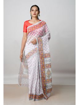 Unnati Silks - Pale White Block Printed Meghalaya Checks Saree UNM73010 with Unstitched Blouse