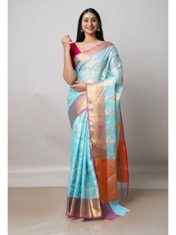 Unnati Silks - Blue Pure Banarasi Kota Cotton Saree UNM73056 with Unstitched Blouse