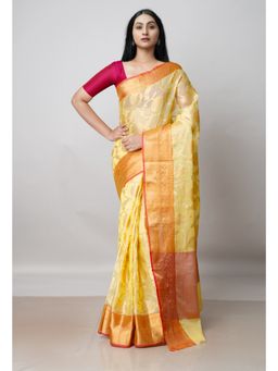 Unnati Silks - Yellow Pure Banarasi Kota Cotton Saree UNM73057 with Unstitched Blouse