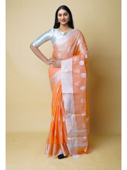 Unnati Silks - Orange Pure Banarasi Kota Cotton Saree UNM73070 with Unstitched Blouse