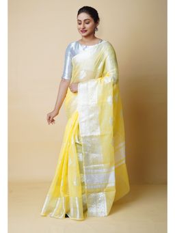 Unnati Silks - Yellow Pure Banarasi Kota Cotton Saree UNM73090 with Unstitched Blouse
