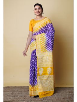 Unnati Silks - Indigo Blue Hand Block Printed Mulmul Cotton Saree UNM73094 with Unstitched Blouse
