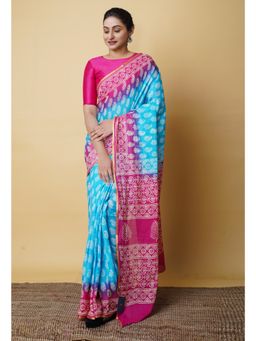 Unnati Silks - Blue Pure Hand Block Printed Mulmul Cotton Saree UNM73095 with Unstitched Blouse