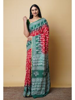 Unnati Silks - Red Pure Hand Block Printed Mulmul Cotton Saree UNM73098 with Unstitched Blouse