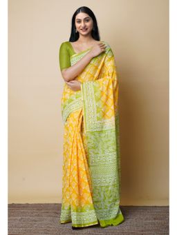 Unnati Silks - Yellow Pure Hand Block Printed Mulmul Cotton Saree UNM73099 with Unstitched Blouse