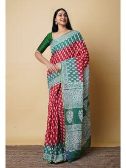 Unnati Silks - Red Pure Hand Block Printed Mulmul Cotton Saree UNM73100 with Unstitched Blouse