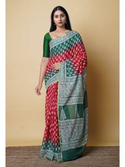Unnati Silks - Red Pure Hand Block Printed Mulmul Cotton Saree UNM73104 with Unstitched Blouse