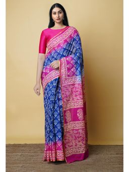 Unnati Silks - Navy Blue Pure Hand Block Printed Mulmul Cotton Saree UNM73105 with Unstitched Blouse