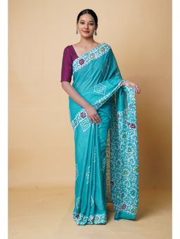 Unnati Silks - Teal Green Pure Hand Batik Mulmul Cotton Saree UNM73117 with Unstitched Blouse